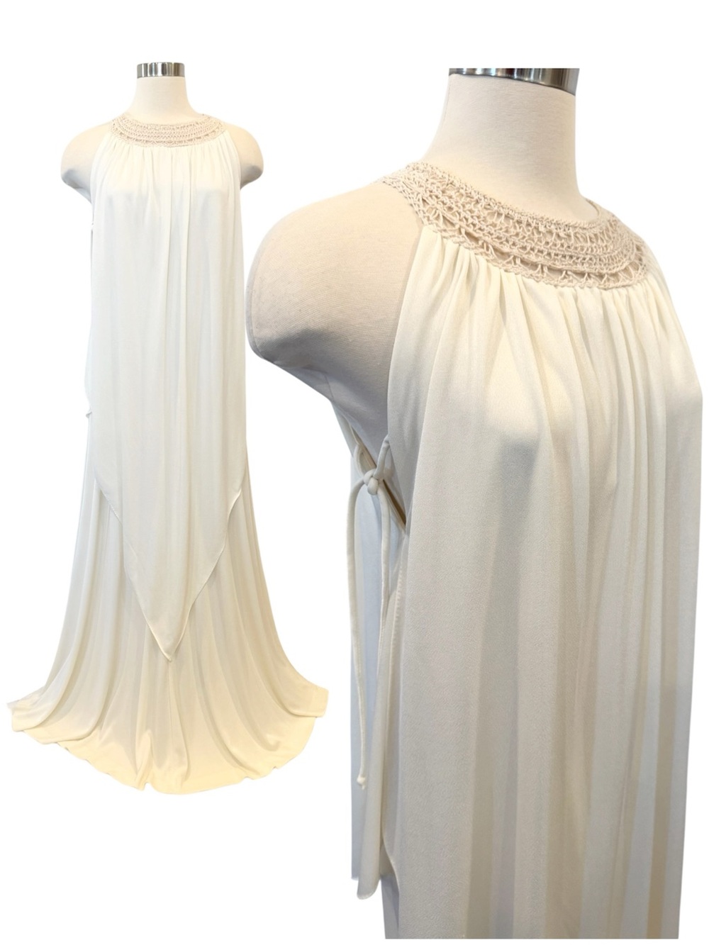 Joseph Magnin Silky Satin Ivory Vintage Goddess Maxi Gown Halter Kaftan Dress - Picture 1 of 15